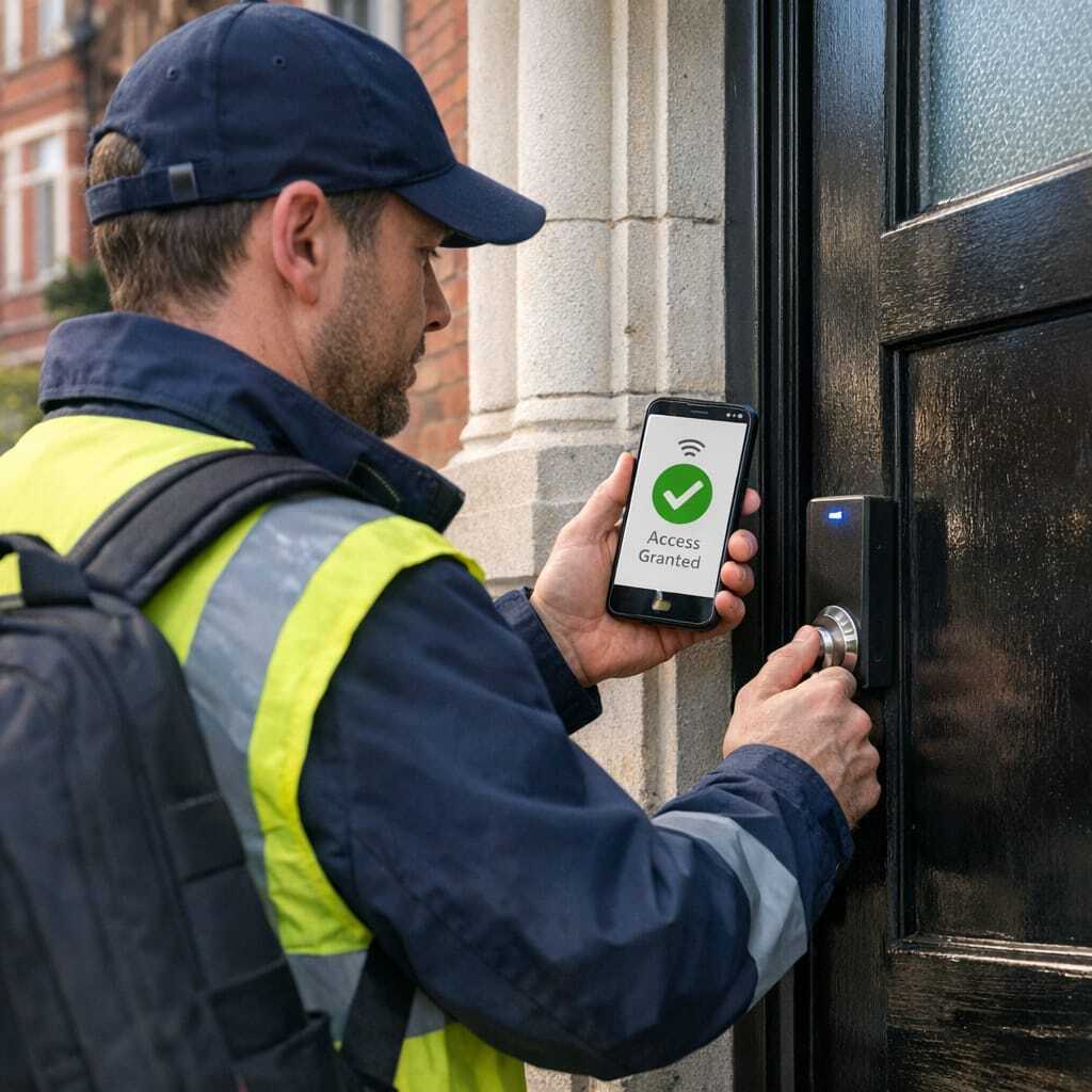 Engineer using mobile app with a smart lock